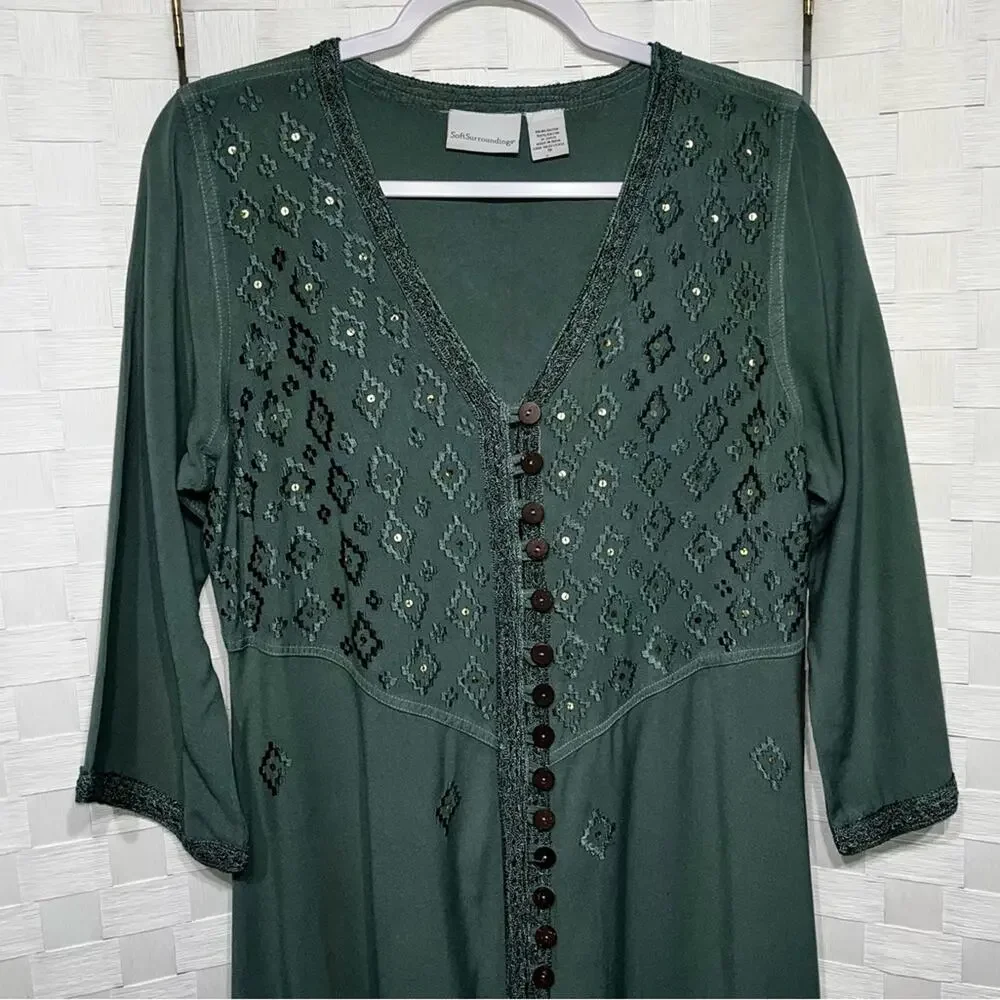 Soft Surroundings Womens Embroidered Sequin Kaftan Maxi Dress Size Small Green - Picture 8 of 11